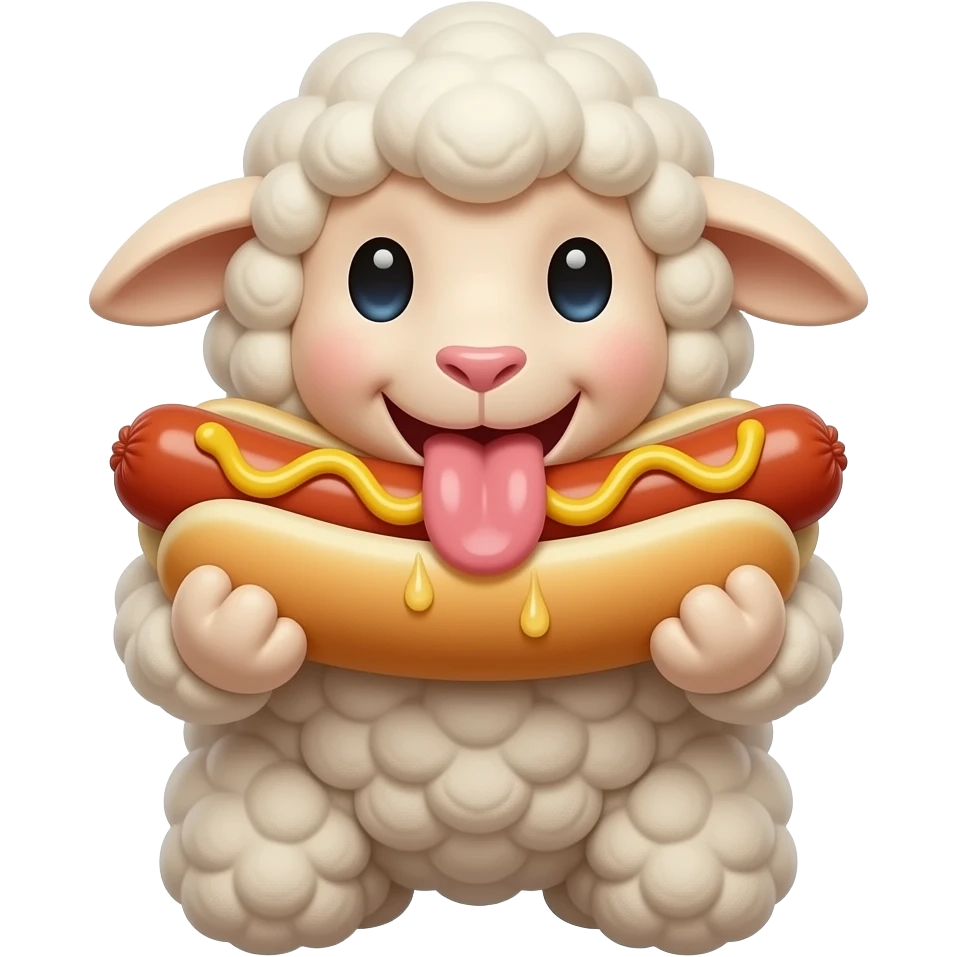 sheep plush on its knees eating sucking a hotdog in its mouth with big wet squishy big puffy filler Botox lips with tongue wrapping around the hotdog with no teeth emoji