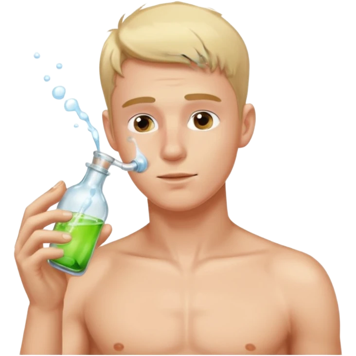 Shirtless white gay male sniffing small bottle emoji