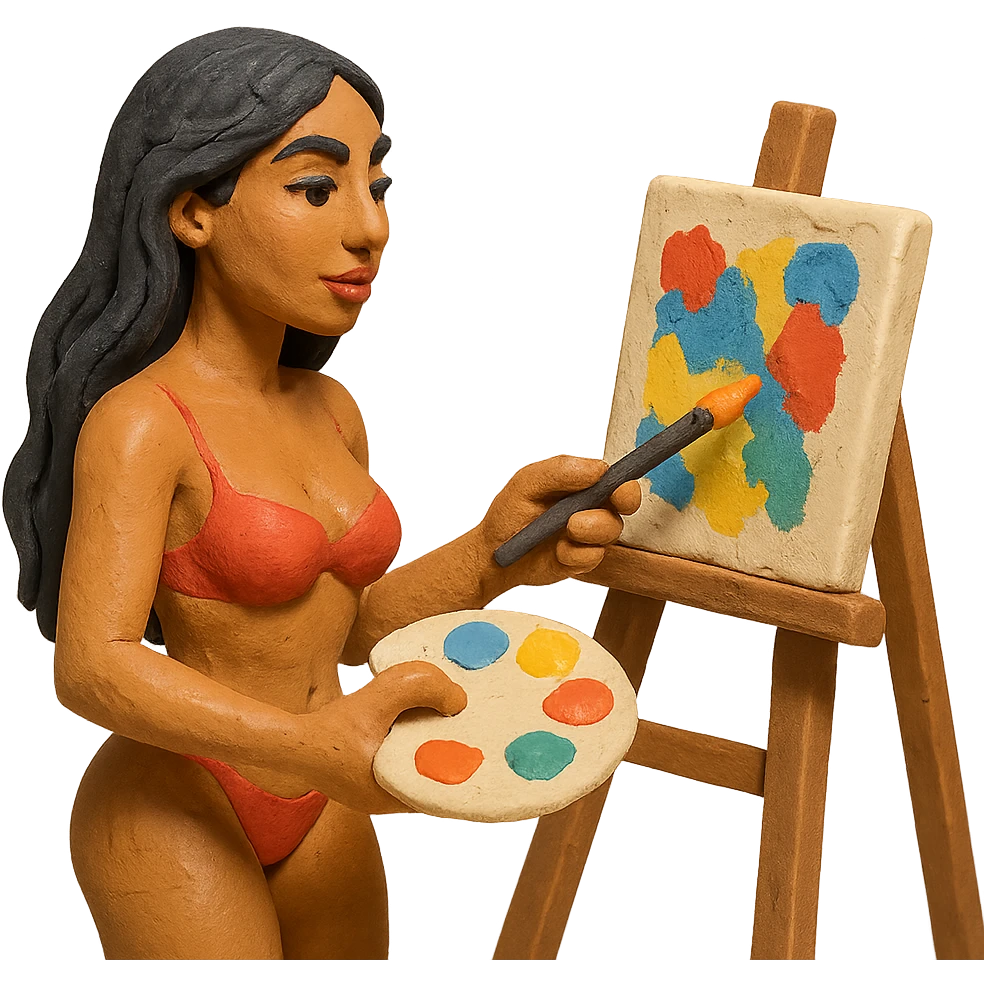 sexy tanned woman artist with long black hair, painting at an easel, holding a paint palette and brush, claymation style emoji