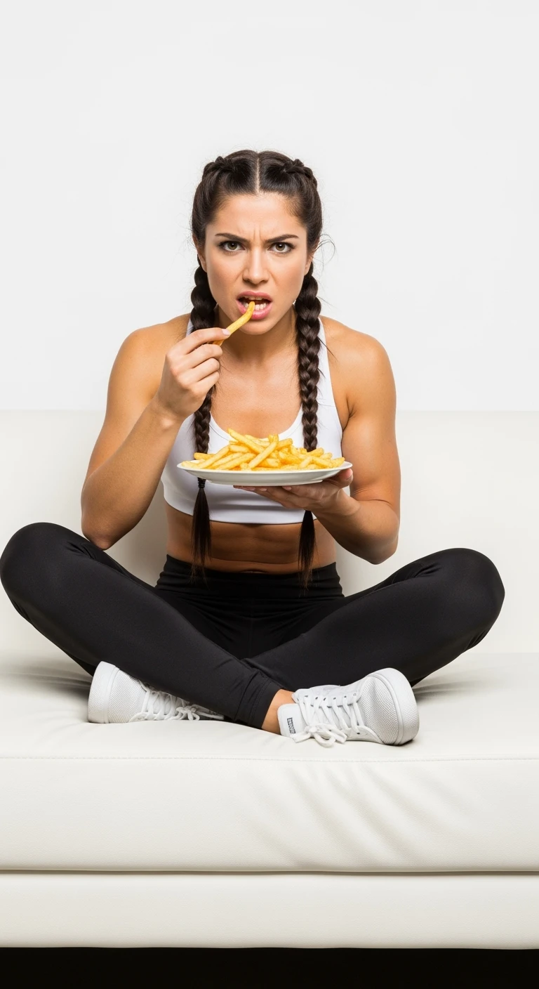 DONNA FITNESS ITALIANA STRESSATA CHE MANGIA PATATINE SUL DIVANO, IPERREALISTICA 4K, ISOLATA SU SFONDO BIANCO emoji