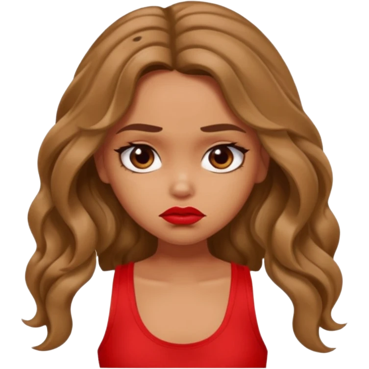 generate a pretty tan bratz girl with brown wavy hair long wearing a red tank top, red lipstick. Looking sad emoji
