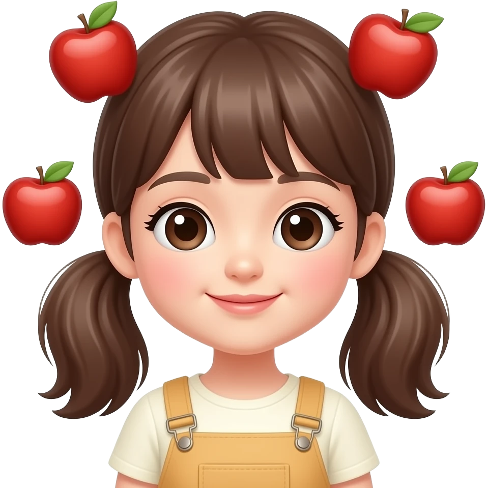 Make a Korean girl with cute pigtails and brown hair with apple emoji features emoji
