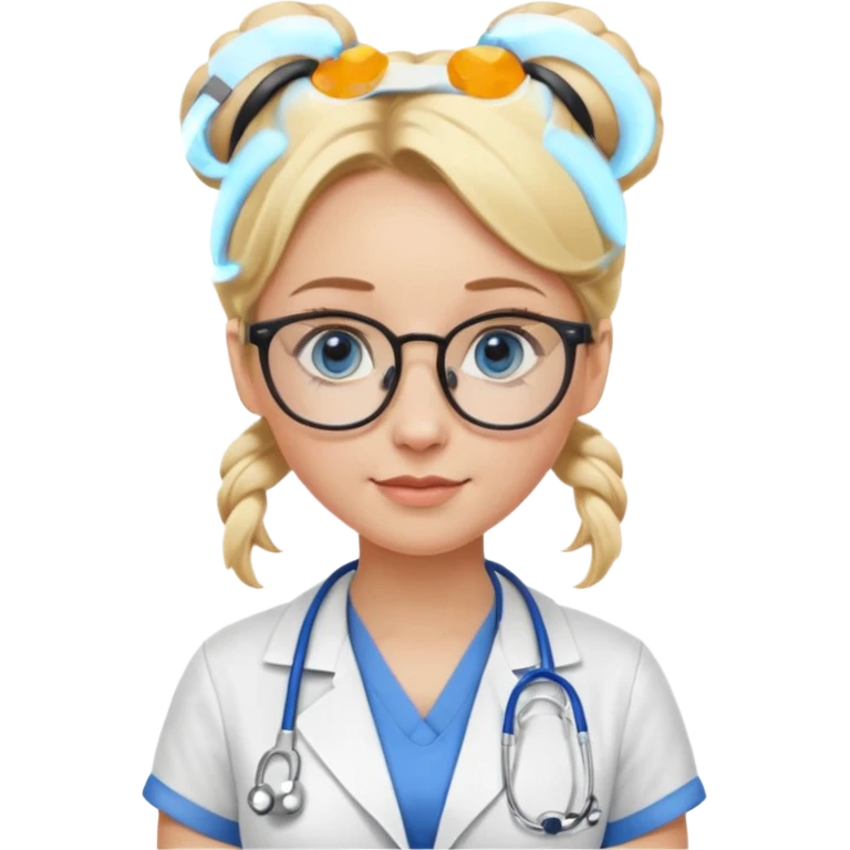 Blonde hair with two buns, blue eyes, stethoscope, and glasses emoji