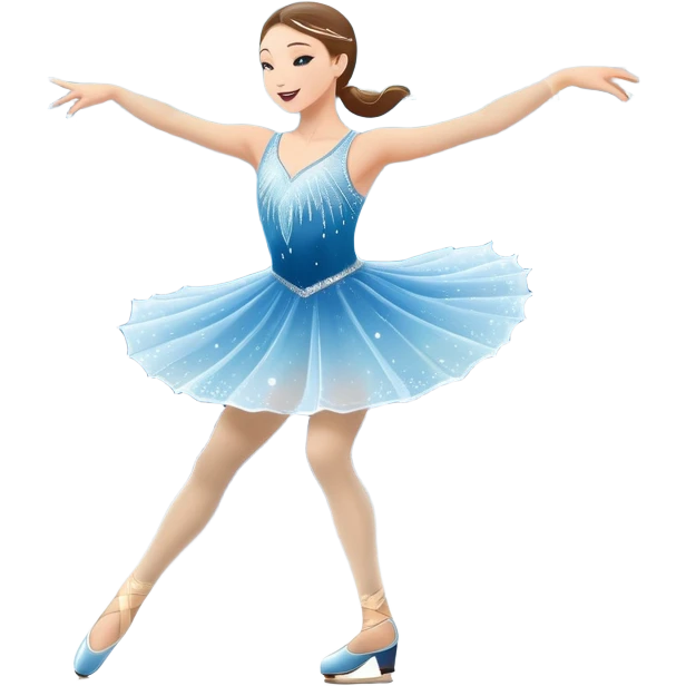 An icon showing a graceful figure skater mid-spin on a sparkling ice rink, wearing an elegant costume. The background features festive arena lights, snowflakes, and cheering spectators. Transparent background captures the beauty, artistry, and elegance of figure skating. emoji