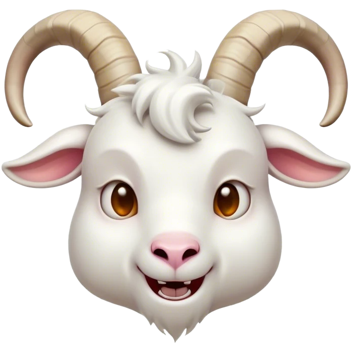 Cinematic Comical White Goat Portrait Emoji, Head tilted dramatically with an exaggeratedly amused expression, featuring a sleek white fur with a prominently quirky set of curved horns, wide, expressive eyes filled with playful disbelief, Simplified yet hilariously expressive features, highly detailed, glowing with a slightly sassy glow, high shine, dramatic yet playful, stylized with an air of cheeky mischief, bright and endearing, soft glowing outline, capturing the essence of a spirited and over-the-top goat, so meme-worthy it feels like it could side-eye its way into internet fame instantly! emoji