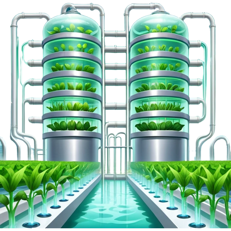 Exterior view of a futuristic hydroponic farm with glowing neon pipes and transparent water channels, sleek buildings shaped like nutrient tanks, vegetables and wheat growing in vertical layers, surreal atmosphere, emoji-style, cartoony emoji