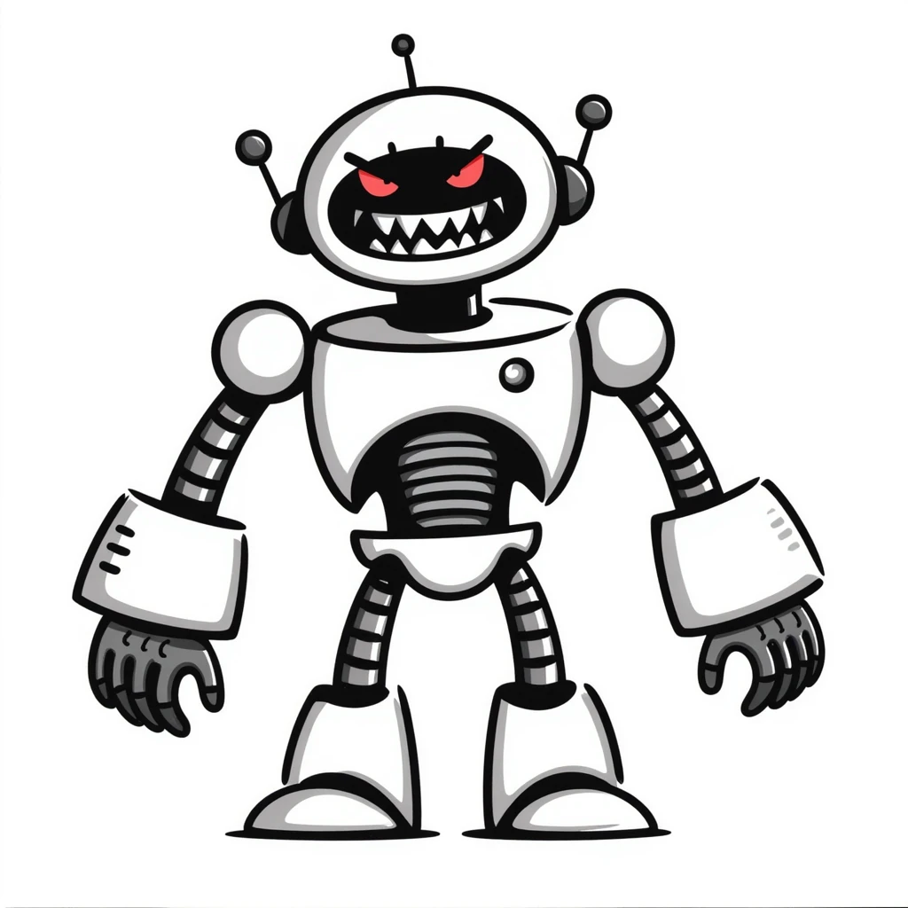 Hand-drawn evil robot with scary face and mechanical parts emoji