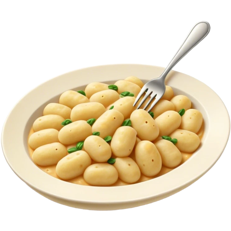 Gnocchi Cinematic Realistic Gnocchi Dish Emoji, depicted as tender oblong potato gnocchi garnished with iconic fork marks on top, rendered with soft textures and warm, inviting lighting. emoji