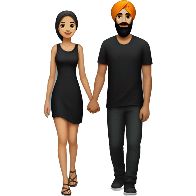 A male sikh, with a goatee and black clothes ,  holding hands with his girlfriend in a black sundress emoji