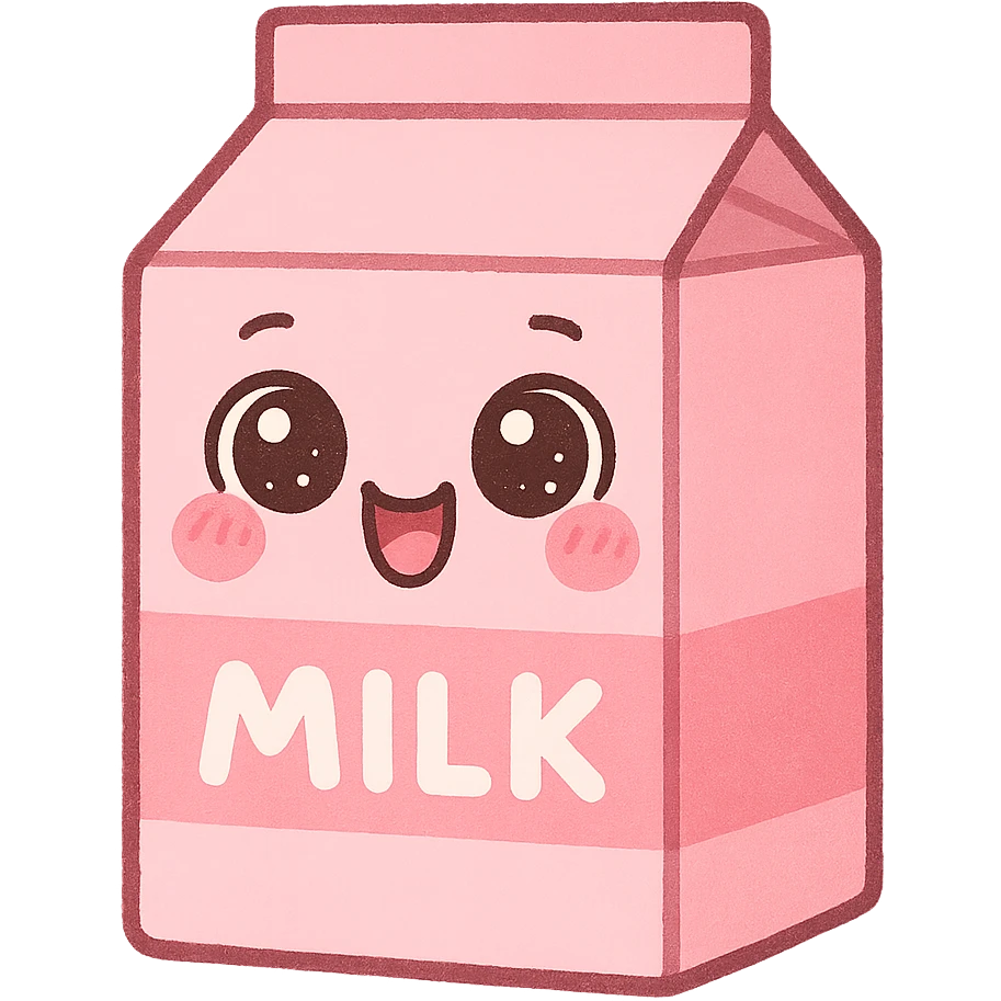 a cute pink milk carton, original design, big eyes, blushing cheeks, joyful emoji