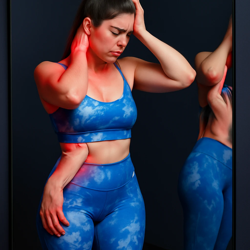 A slender woman in 4K, standing in front of a mirror, one hand on the reddened nape and the other on the forehead, eyes closed in pain, inspired by the reference photo. emoji