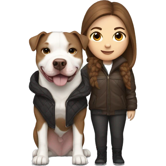 white woman with long brown hair in a furry jacket standing alongside a white pitbull with one brown patch around his eye emoji
