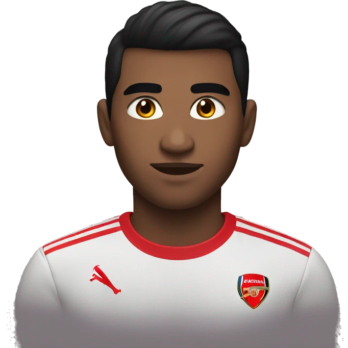 white skin 22 years old male with black hair and standard haircut also with brown eyes. Wearing an Arsenal t-shirt. Portrait mode emoji  emoji