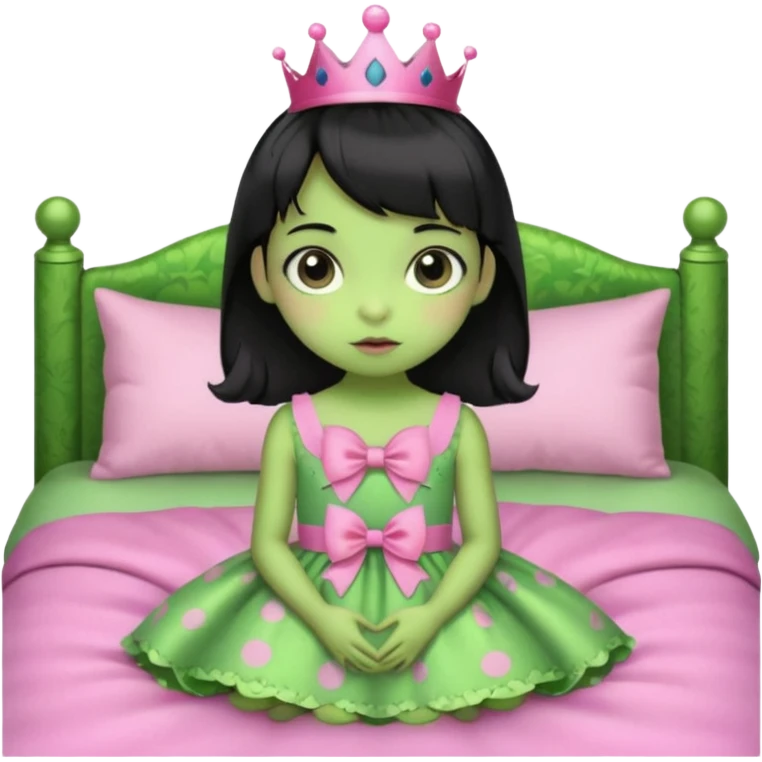 princess frog on bed pink bow with a pink dress cute girly pop black hair short baby bangs emoji