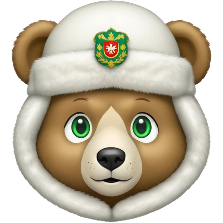 Sweet, cartoonish bear face with large green eyes, wearing white fur ushanka hat with accurate Russian Federation coat of arms centered, iOS emoji style emoji