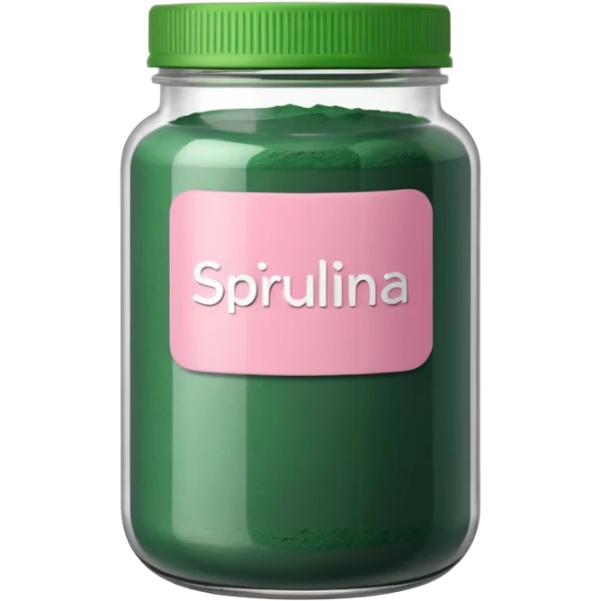 Transparent jar of spirulina powder with pastel pink label emoji