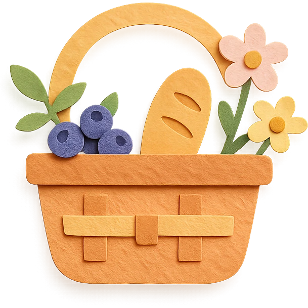 a picnic basket with berries, bread, and flowers, warm pastel shades, paper craft style emoji