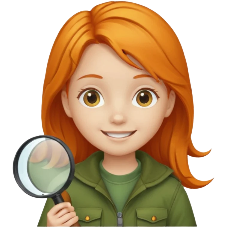 braid orange haired girl kid in moss green explorer outfit, holding magnifying glass, smile emoji