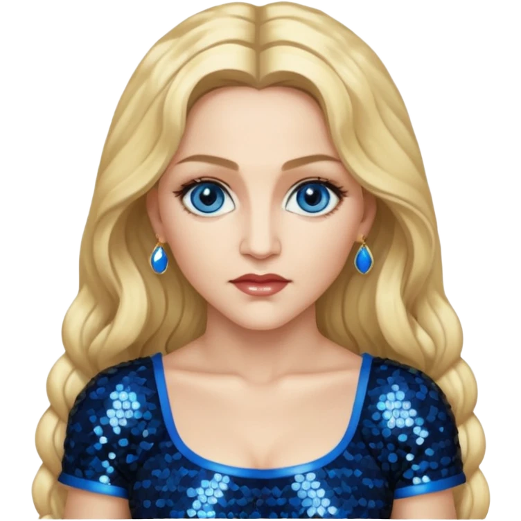 Madonna with blonde long hair, black sequin crop top, blue eye emoji
