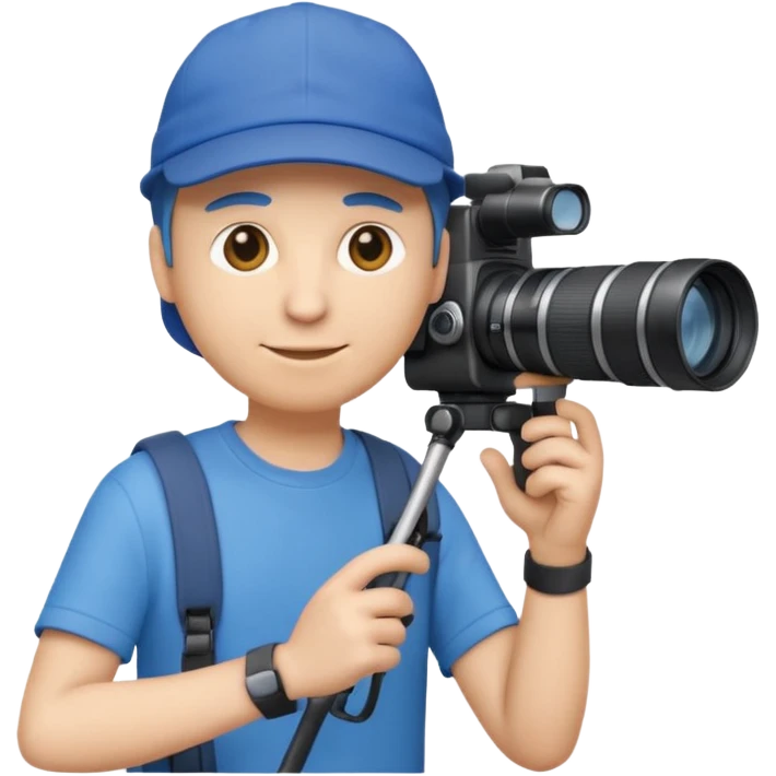 3D emoji-style icon of a photographer in side profile, wearing a blue cap backwards and a blue t-shirt, holding a professional camera with a long telephoto lens emoji