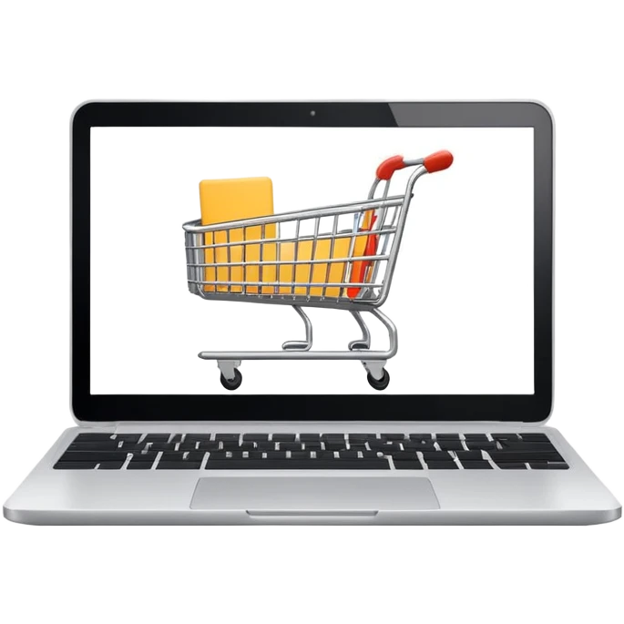 a laptop with a shopping cart on a white screen emoji