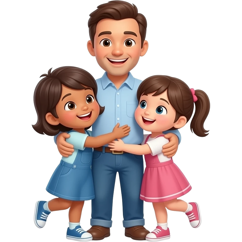 hijos abrazando a su padre todo el cuerpo muy felizes mirandose entre ellos solo dos emoji