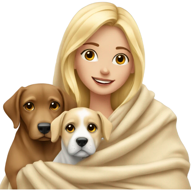 Beautiful blonde girl in a blanket with 2 dogs emoji