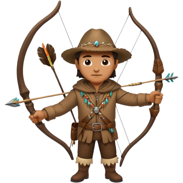 A classic middle-aged hunter, carrying a bow and arrow, dressed in brown clothes, and adorned with decorations made of feathers or bone teeth
 emoji