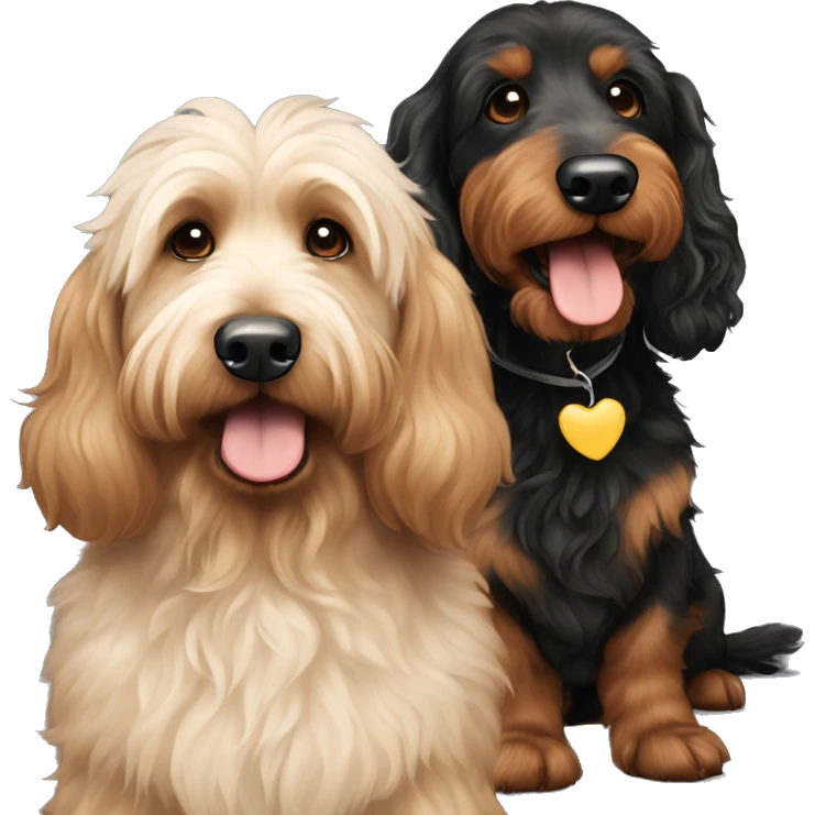 Large Brown goldendoodle and black and tan and cream longhair dachshund sitting together  emoji