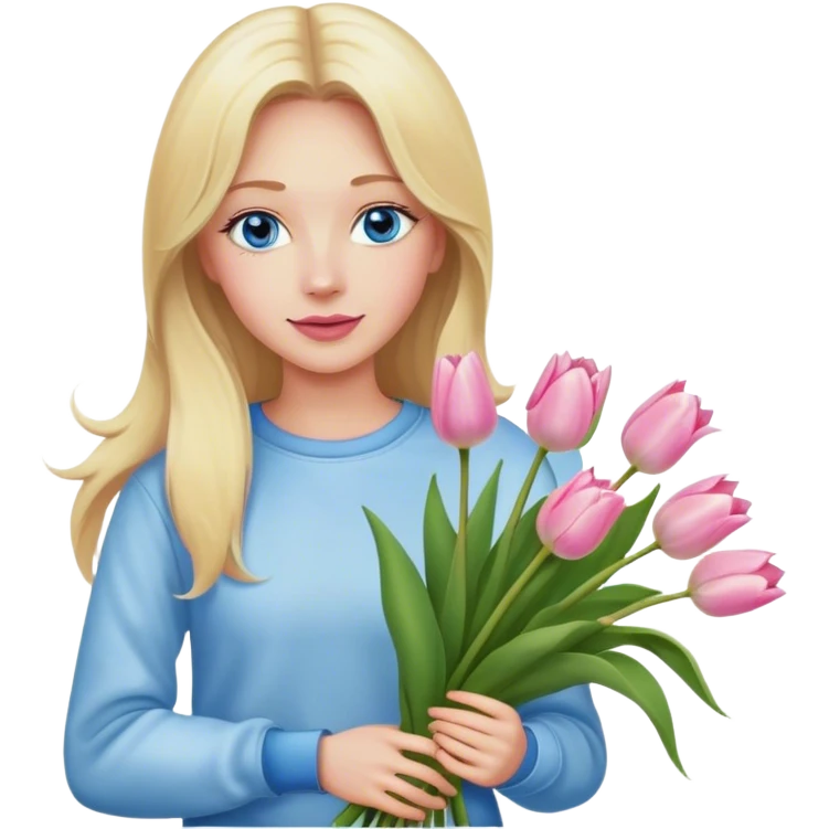 Cinematic realistic blonde with long hair, blue eyes and pink lips, dressed in jeans and a white sweatshirt, holding a bouquet of tulips in her hands emoji