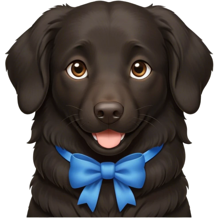 Black, flat-coated retriever, smooth fur with subtly fluffy ears, smiling face, blue bow around the neck, brown eyes  emoji