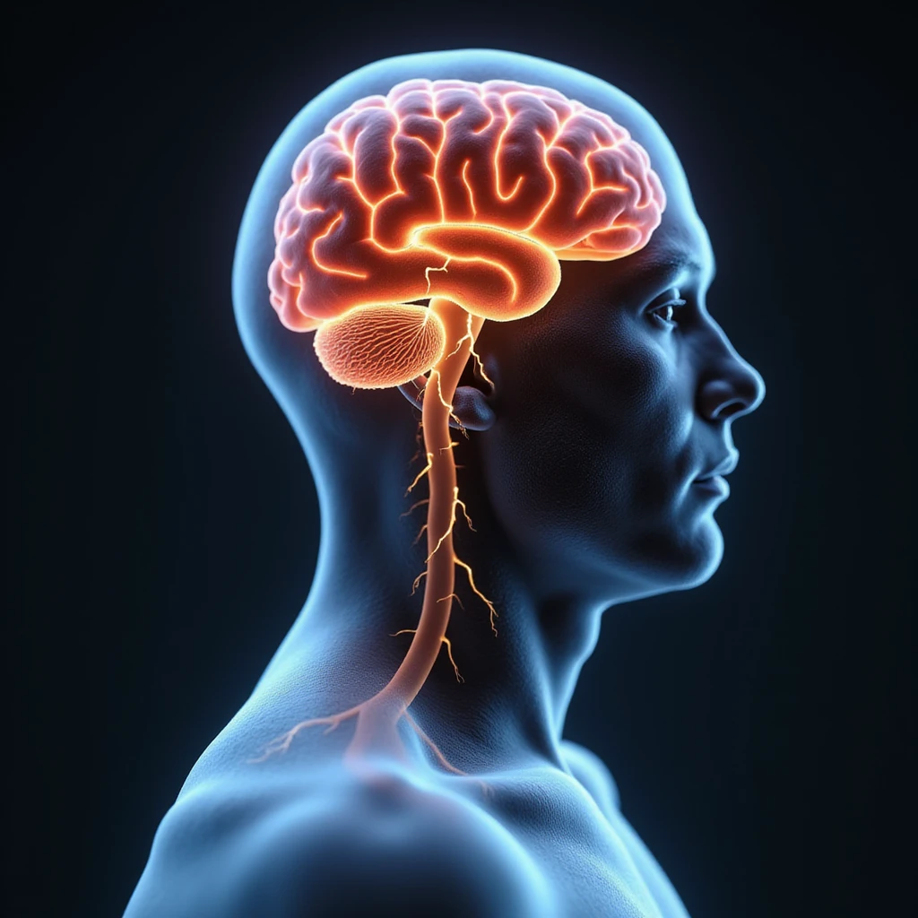 hyper-realistic medical CGI profile of an obese man with a transparent overlay of his brain highlighting inflamed hippocampus in red, shrunken prefrontal cortex, yellow lightning for glucose spikes, black amyloid plaques, constricted blood vessels, 4K clinical emoji