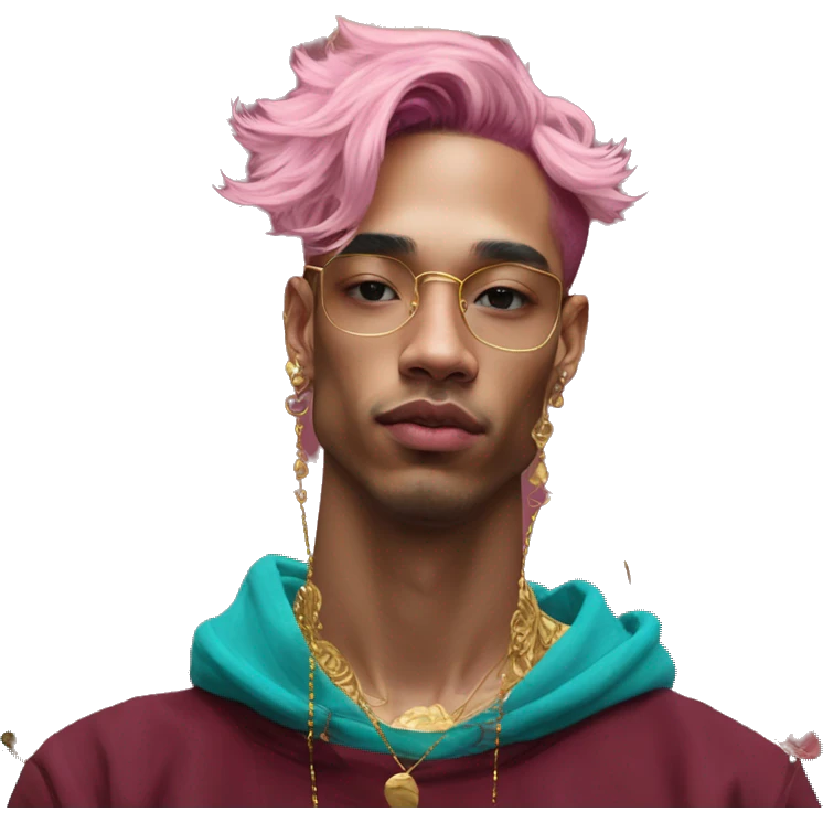 Vintage painting swirls gold jewellery baroque raven wings angel tropical Deep pink maroon burgundy cyan dark hoodie man vitiligo dyed hair gold piercings nose piercing ear piercings emoji