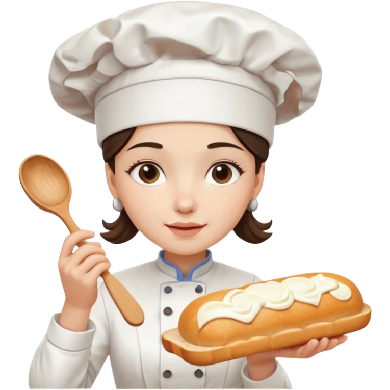 Young female baker - white chef hat, squeezing white cream pattern on bread emoji