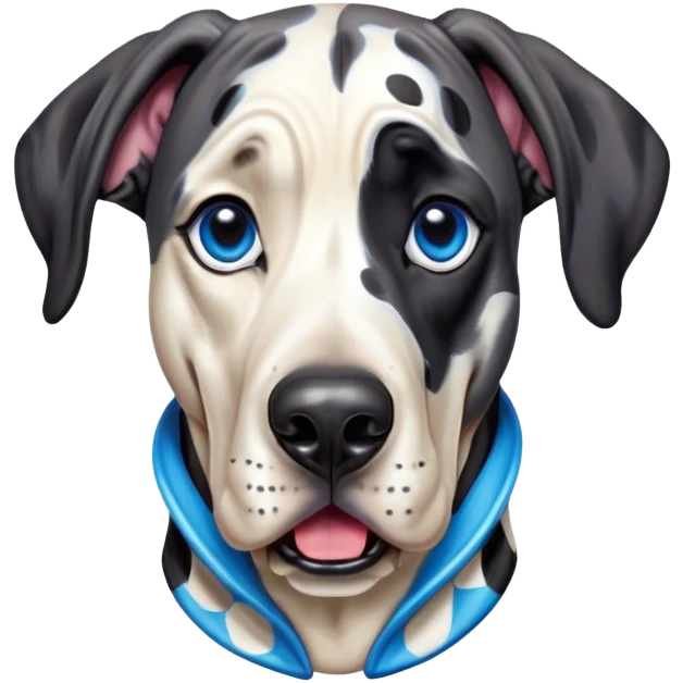 Cinematic Comical Harlequin Great Dane Portrait Emoji, Head tilted dramatically with an exaggeratedly shocked or amused expression, featuring a striking coat of predominantly white with vivid black patches, wide, expressive blue eyes filled with playful disbelief, Simplified yet hilariously expressive features, highly detailed, glowing with a slightly sassy glow, high shine, dramatic yet playful, stylized with an air of cheeky charm, bright and endearing, soft glowing outline, capturing the essence of a spirited and over-the-top guardian, so meme-worthy it feels like it could side-eye its way into internet fame instantly! emoji