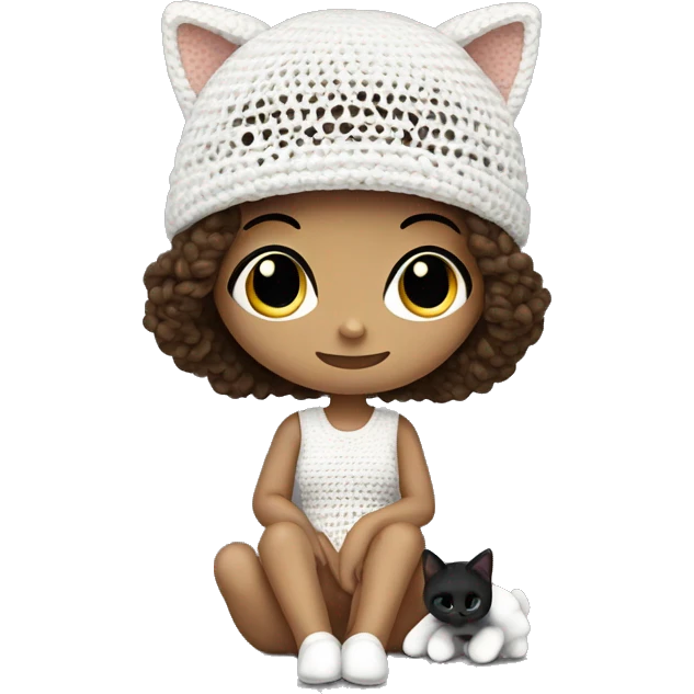 Cute girl wearing crochet dress and hat with her cat (white body and black eyes and tails) emoji