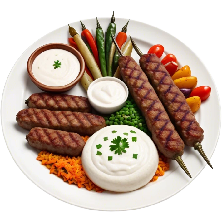 Cinematic Realistic image of a long, hand shaped Turkish Köfte, rendered with richly spiced meat textures and subtle grill marks, artfully arranged on a traditional Turkish ceramic plate alongside classic sides such as a serving of aromatic pilaf, crisp grilled vegetables, and a dollop of creamy yogurt, all bathed in warm, appetizing lighting that emphasizes its savory allure. emoji