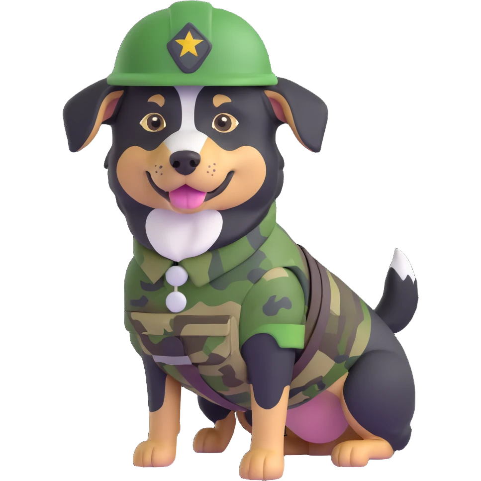 black-tri Mini American Shepherd in a camo green soldier uniform and green helmet emoji