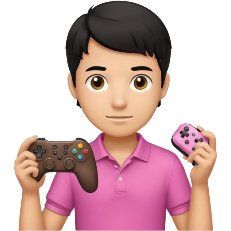 generate a pretty tan bratz boy with a pink polo. Holding a gaming controller in hand. Black hair emoji