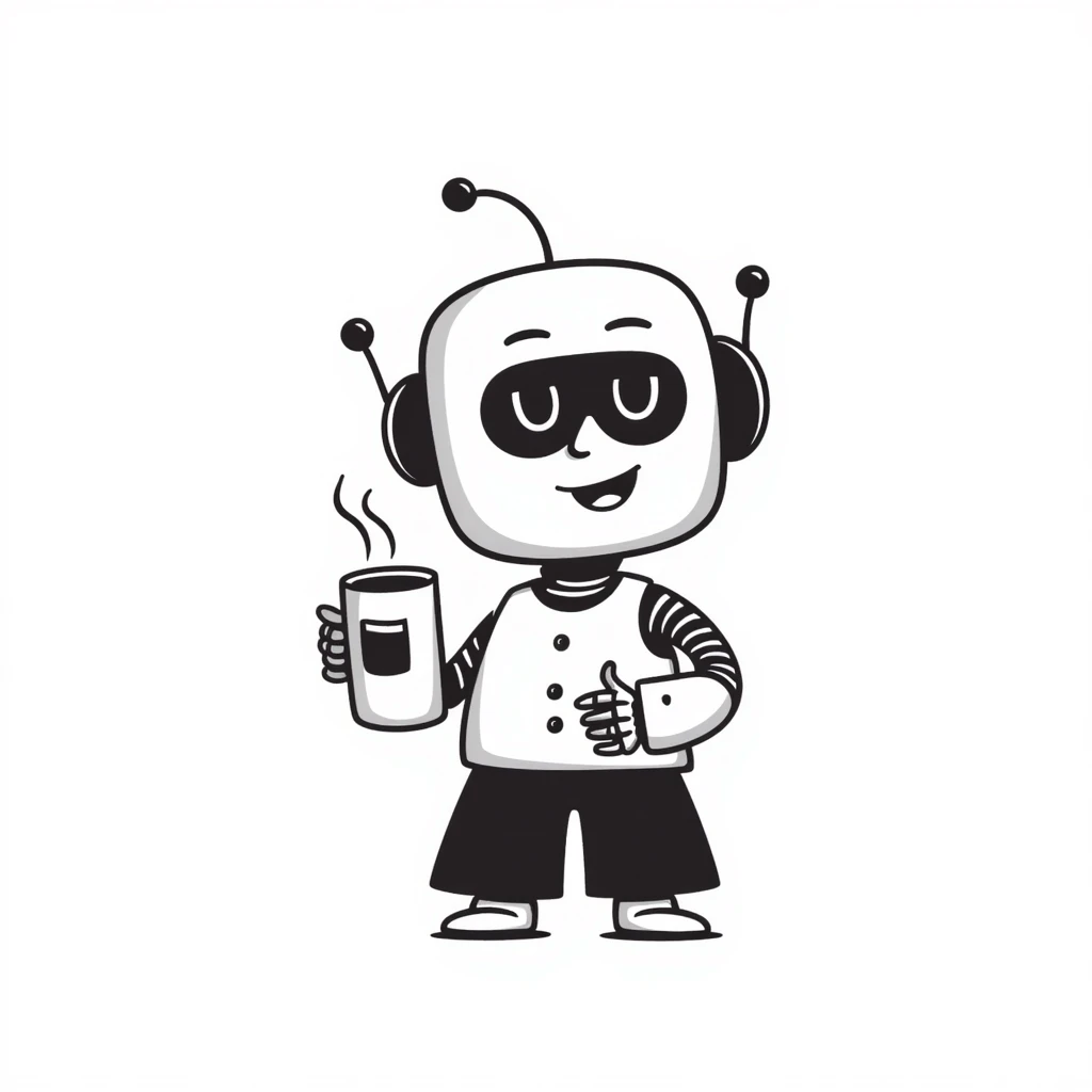 A hand-drawn robot character happily holding a coffee mug emoji