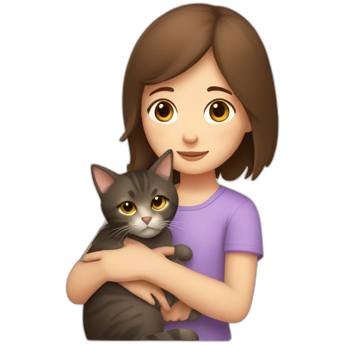Girl with brown shoulder length hair cuddling a cat emoji