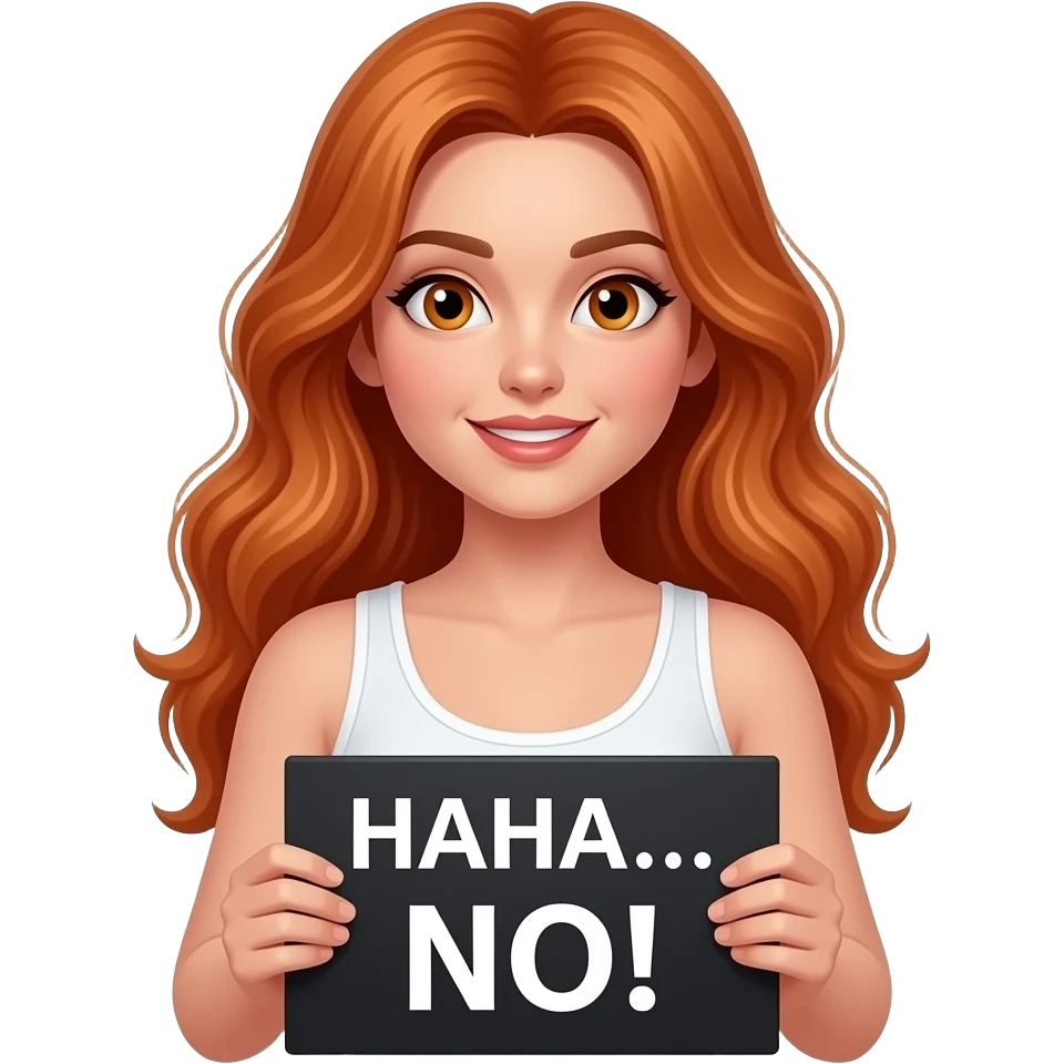 sexy girl with long wavy ginger hair and ginger eyes wearing a white tanktop is holding a black colored sign with HAHA... NO! written on it emoji