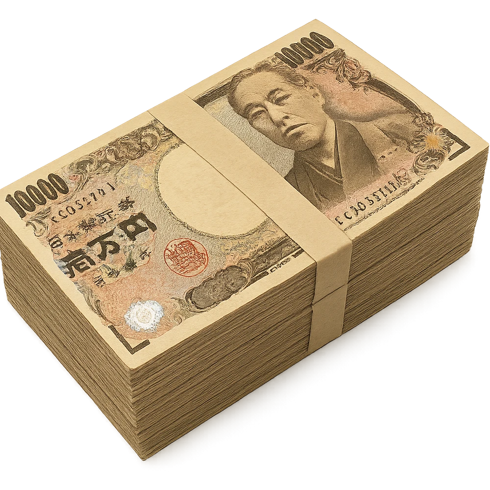 a stack of Japanese yen banknotes viewed from the top, showing the bills' details and colors emoji