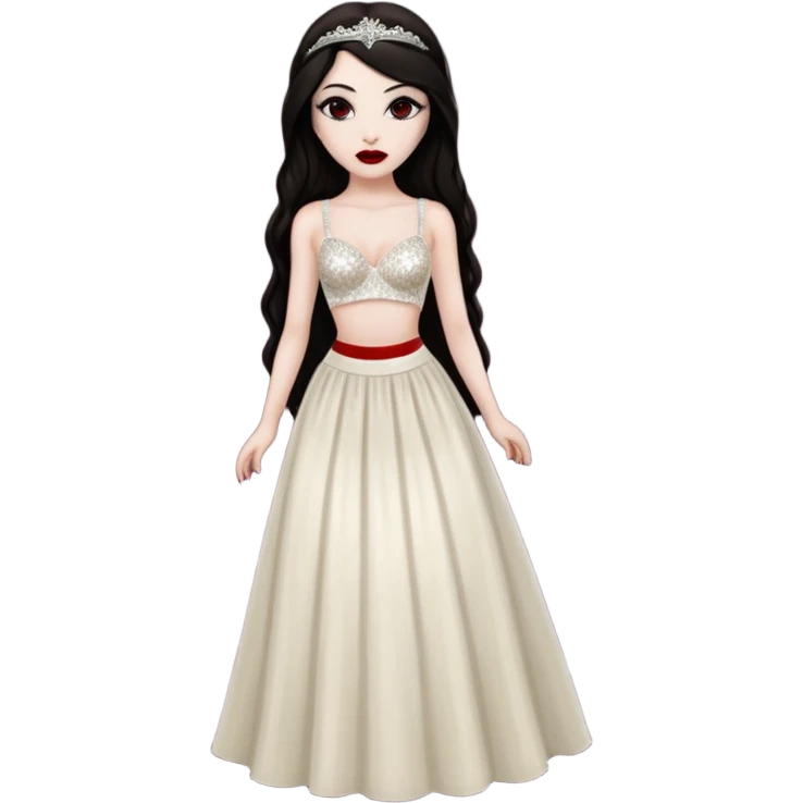 Bride of Dracula with long dark brown hair, ivory sequin bra, ivory sequin long skirt emoji