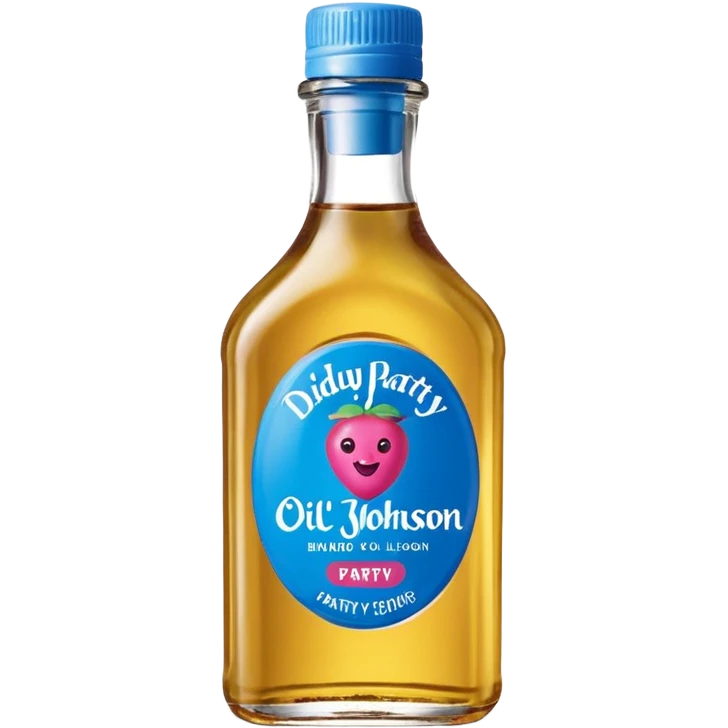 bottle of oil blue top pink outside with logo that says Diddy Party oil Johnson and Johnson  brand with a smiling berry on top emoji