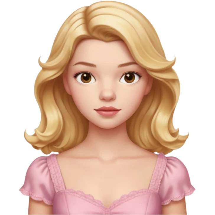 Cinematic Realistic Anya Taylor Joy Portrait, depicted with lifelike skin texture, subtle rosy undertones, and soft natural lighting that enhances the sweet blush contours of her face. Her intricately detailed golden blonde hair is elegantly wavy, and pink dress corquette emoji