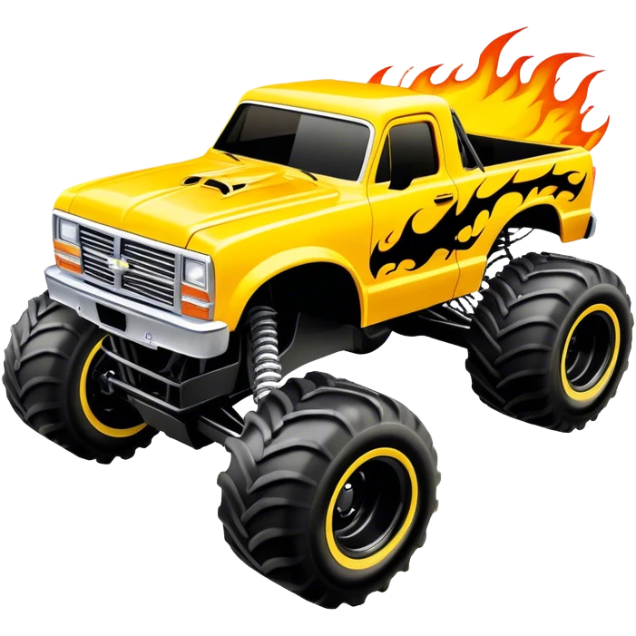Maximum Destruction - Monster Jam (Model Year: 2021) (Iconic colour: Yellow with black flames) - A ferocious monster truck featuring a vivid yellow base accented by dramatic black flame patterns. Emphasize sharp, high-contrast flame streaks across the body, creating a look of aggressive, explosive energy. emoji