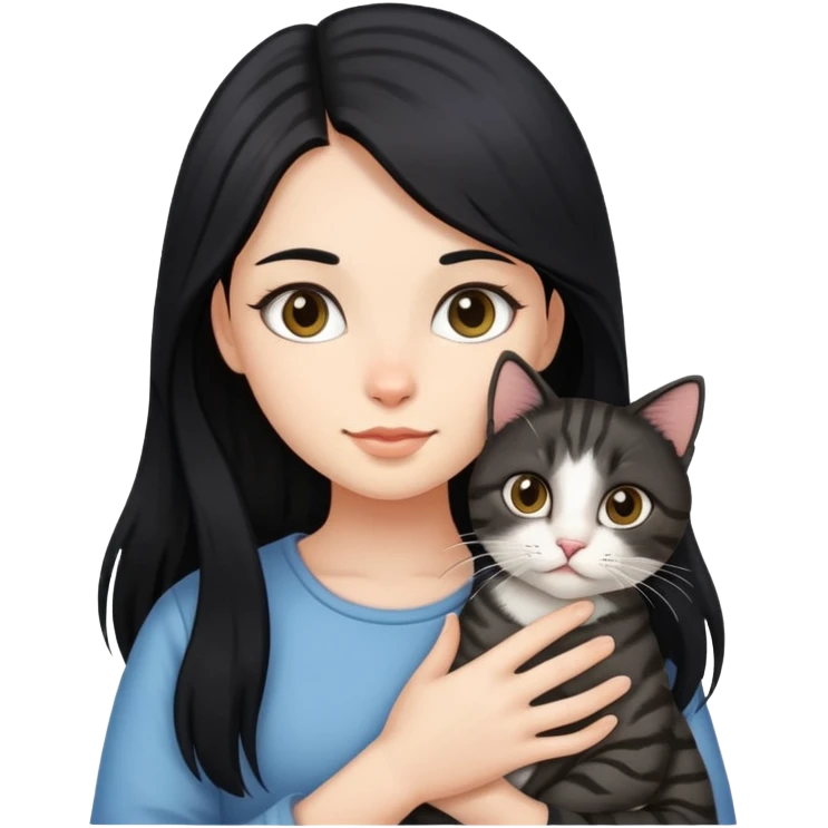 Long black hair girl holding a haired tabby cat emoji