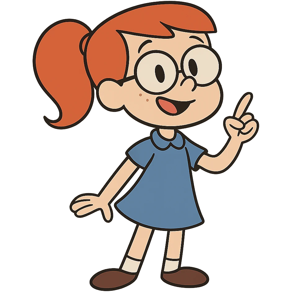 Little Suzy from Johnny Bravo, smart young girl with red hair, blue dress, cartoon style emoji
