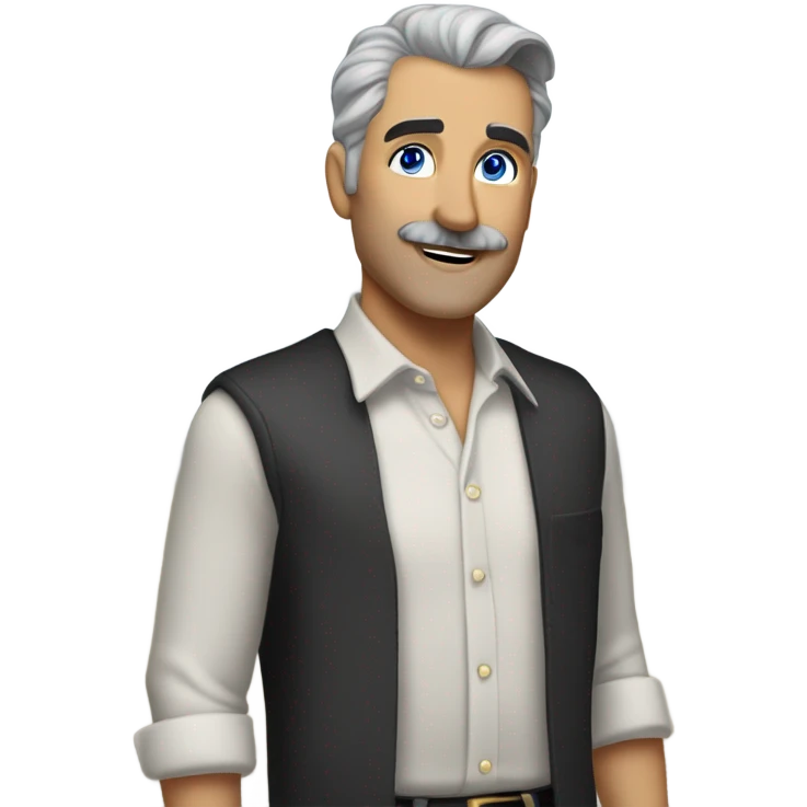 side a white man with blue eyes a thick dark brown and grey moustache, down turned black eyebrows and then dark grey hair he’s wearing an expensive watch and a white shirt and black dressy pants with beige loafers he’s looking at her smiling”  emoji